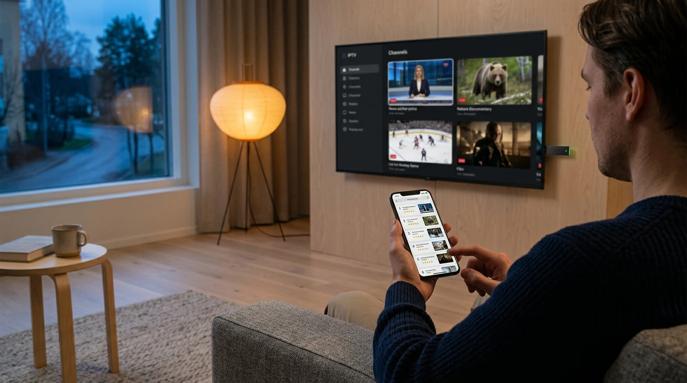 Best IPTV 2026 — a living room with a smart TV showing an IPTV app channel menu