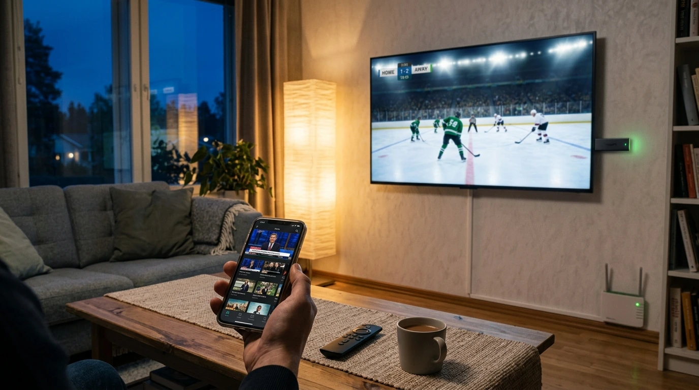 Testing a best IPTV service — smart TV, streaming stick and phone in a living room