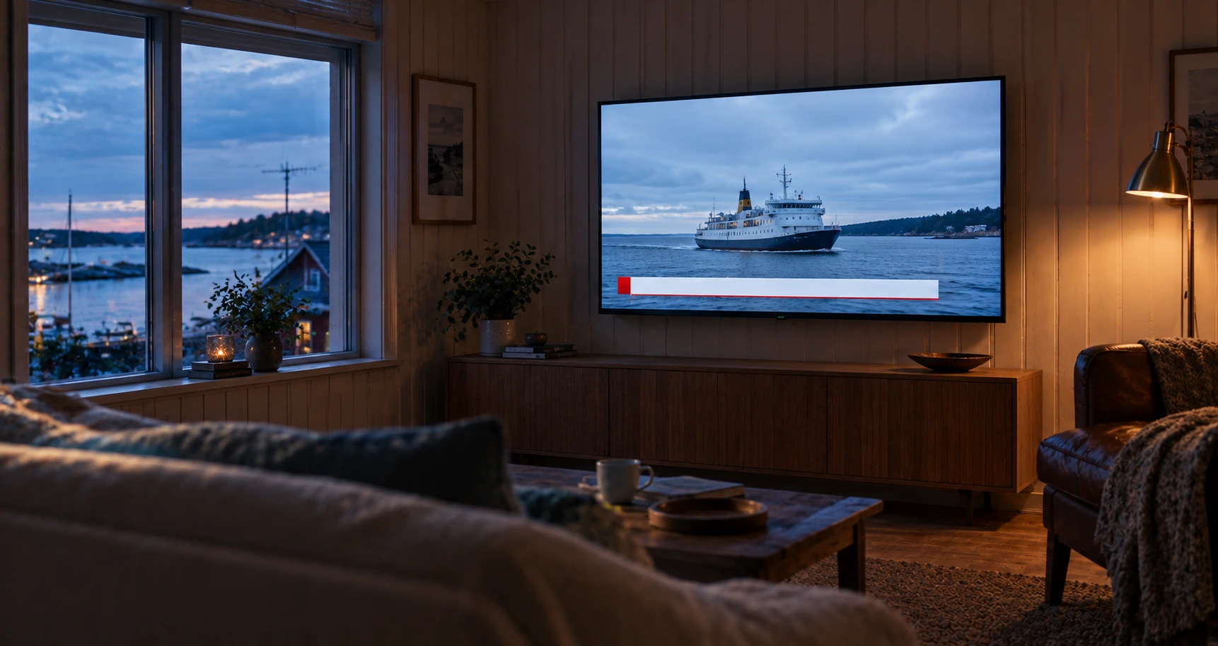 IPTV Åland 2026 — olohuone Ahvenanmaalla ja televisio, jossa suoratoistolähetys