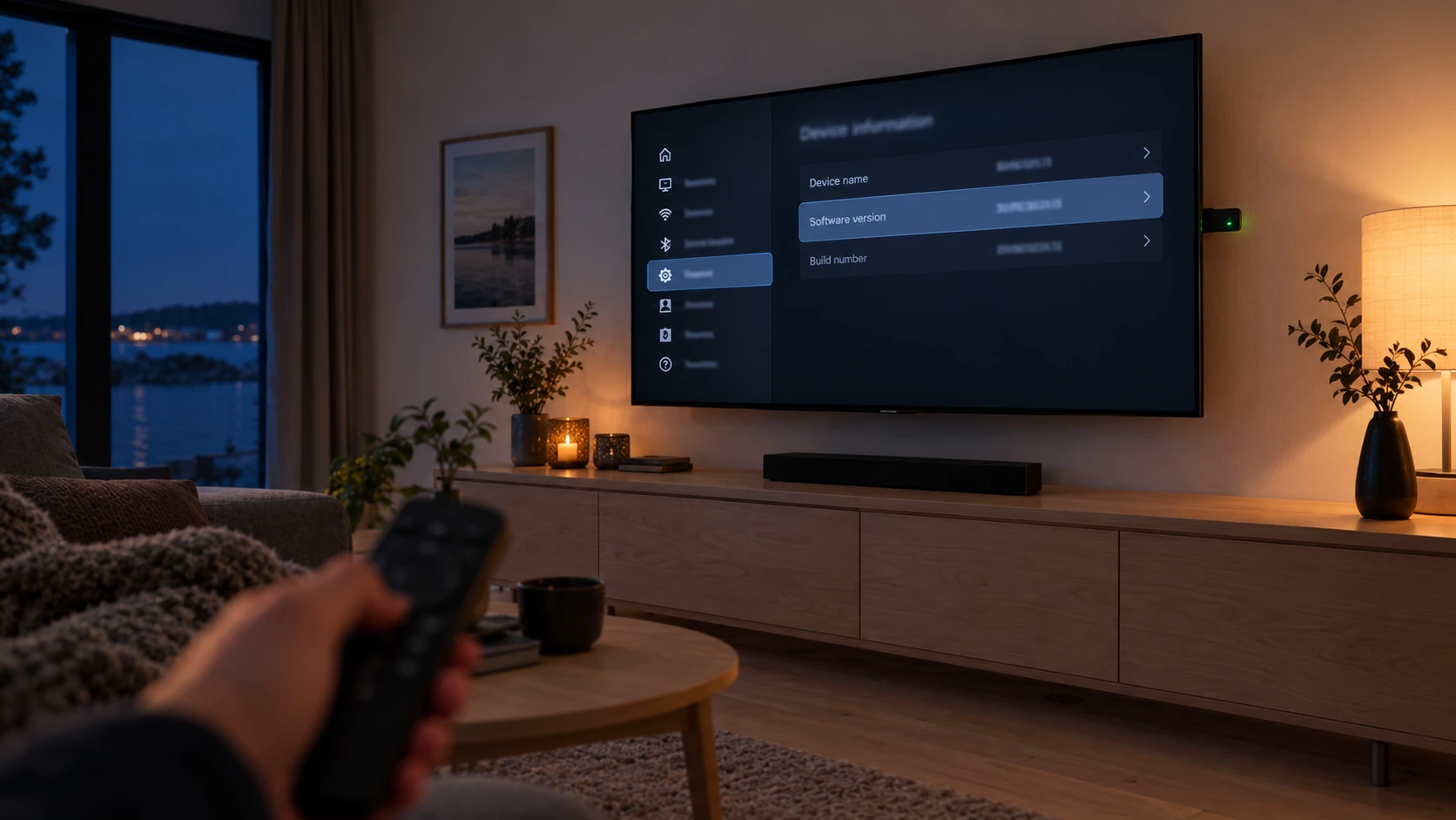 IPTV boxin käyttöjärjestelmän tarkistus — television asetusvalikko ruudulla