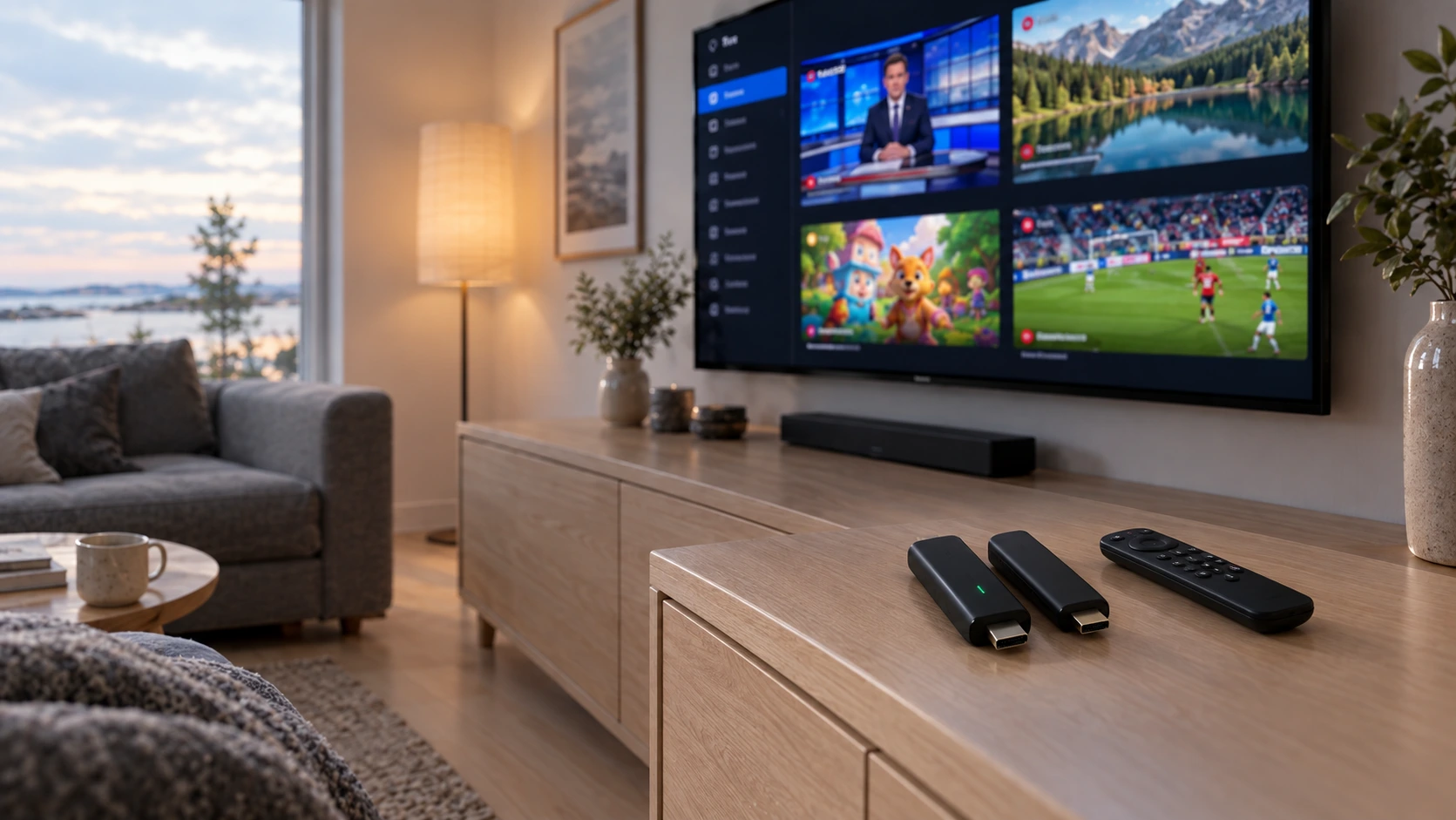 IPTV box 2026 — suoratoistotikku, älytelevisio ja kaukosäädin olohuoneessa