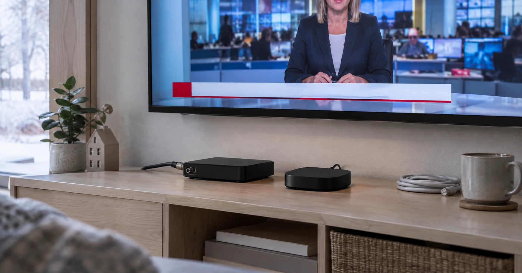 IPTV digiboksi 2026 — digiboksi ja suoratoistolaite television alla olohuoneessa