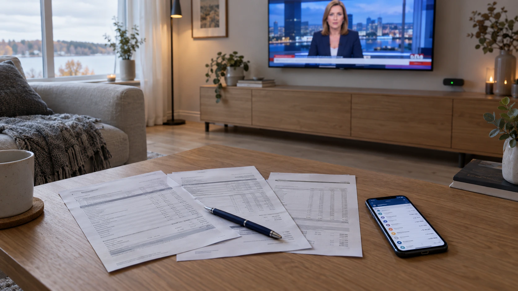 IPTV hinta vertailu 2026 — suomalainen olohuone, älytelevisio ja kuukausilaskut pöydällä
