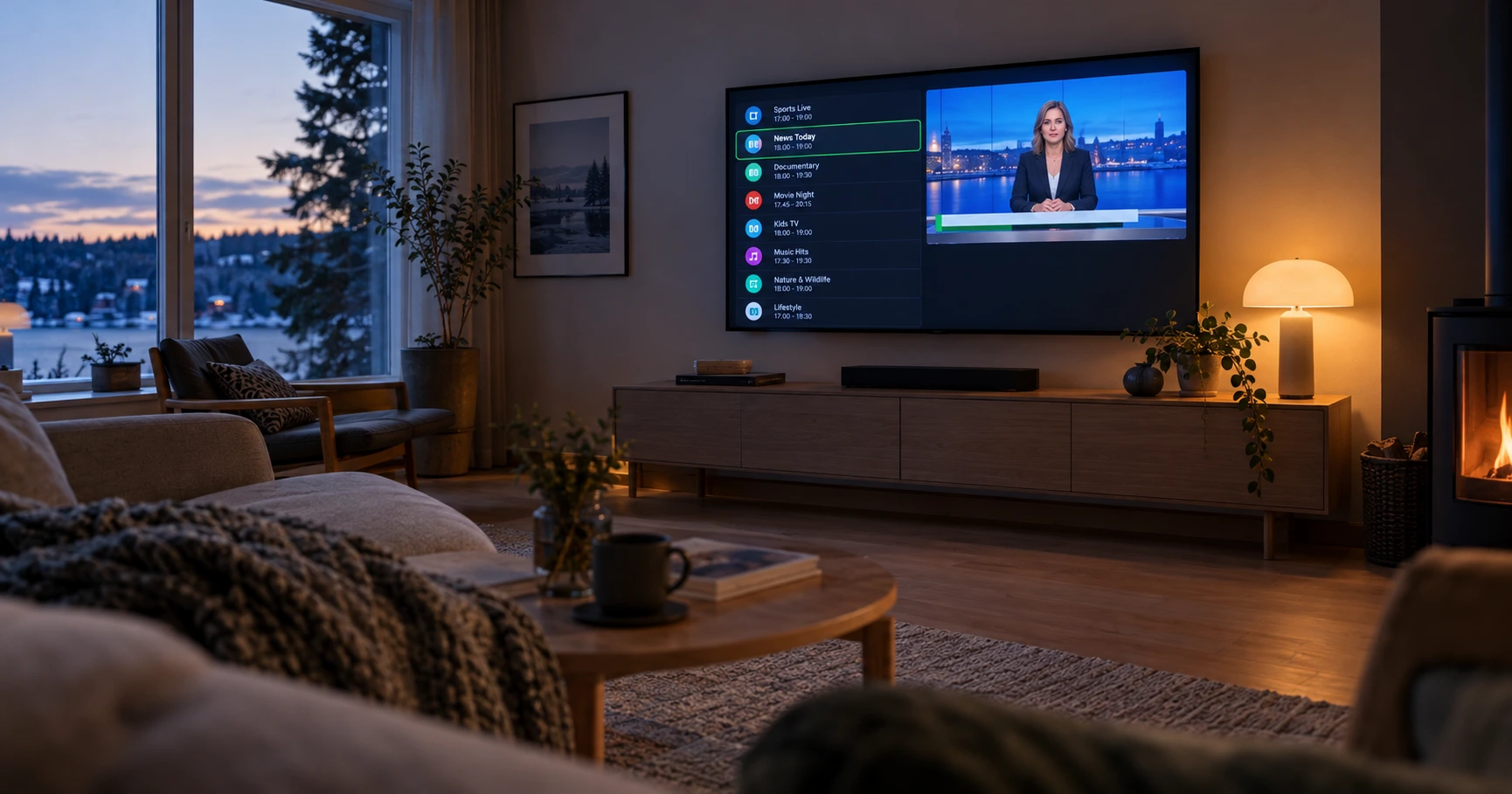 IPTV kanavat 2026 — televisio olohuoneessa ja kanavalista ruudulla