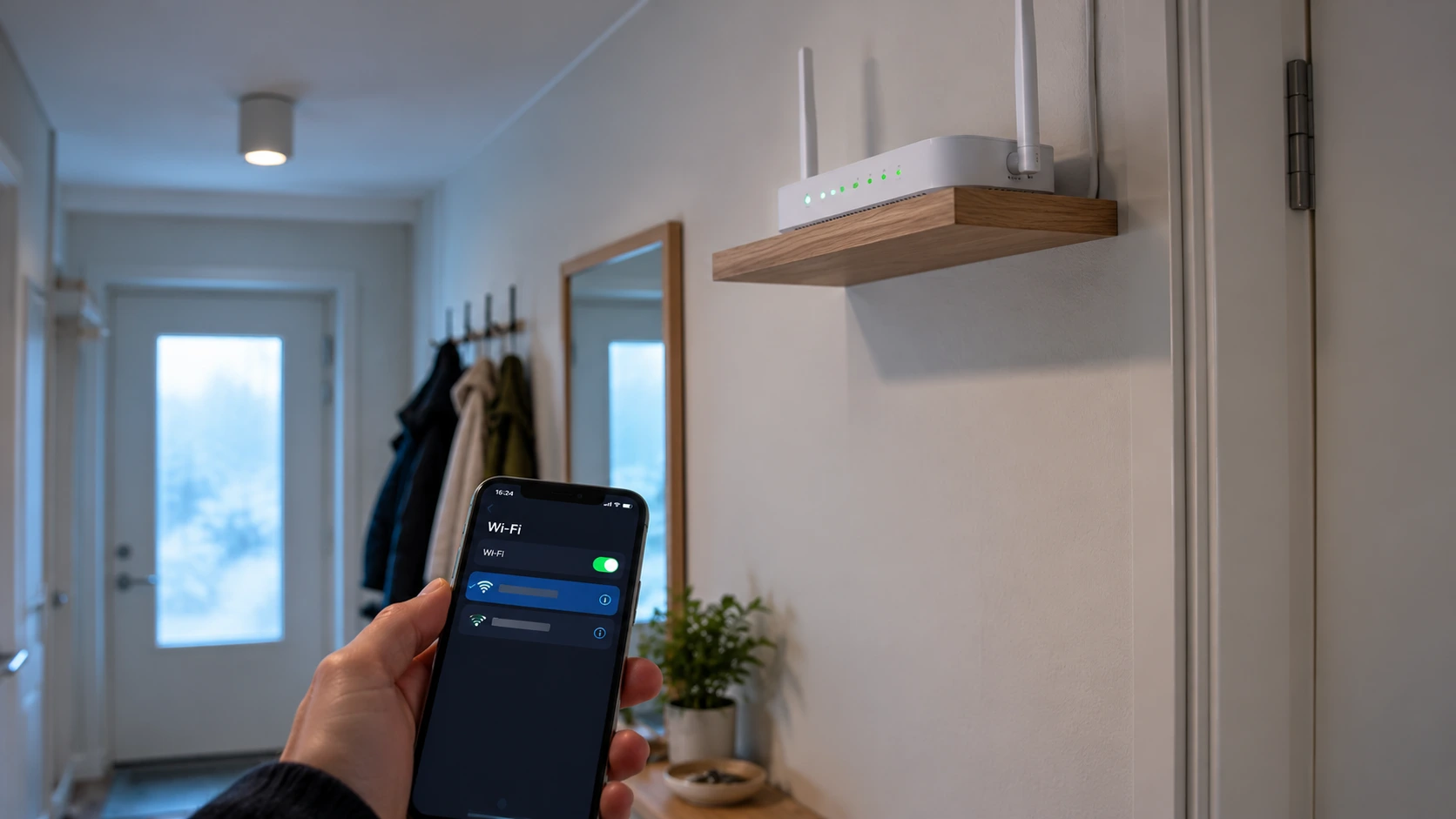 A router high on a hallway shelf and the 5 GHz network selected on a phone