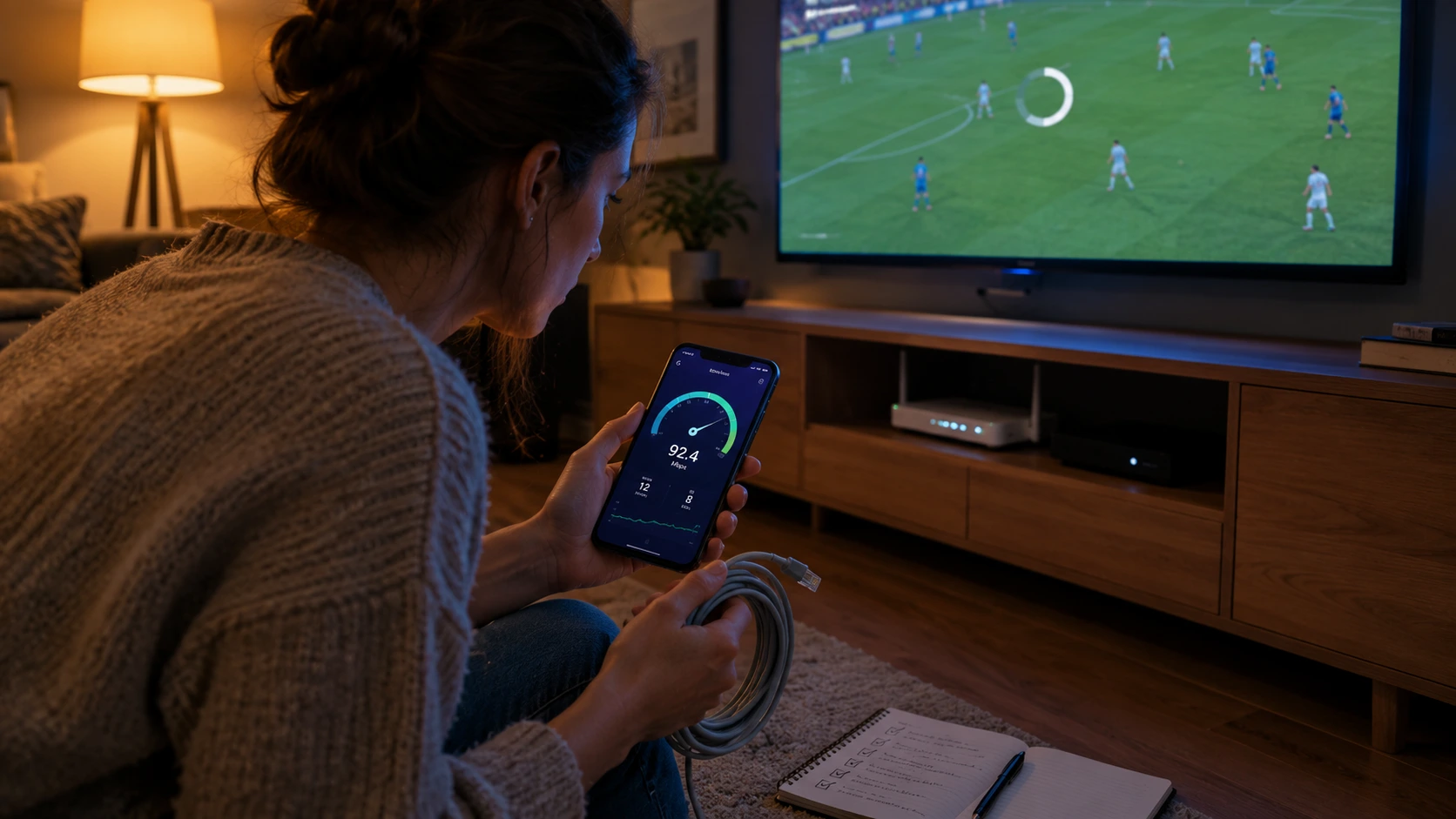 Diagnosing IPTV buffering — a speed test on a phone beside a stalled broadcast