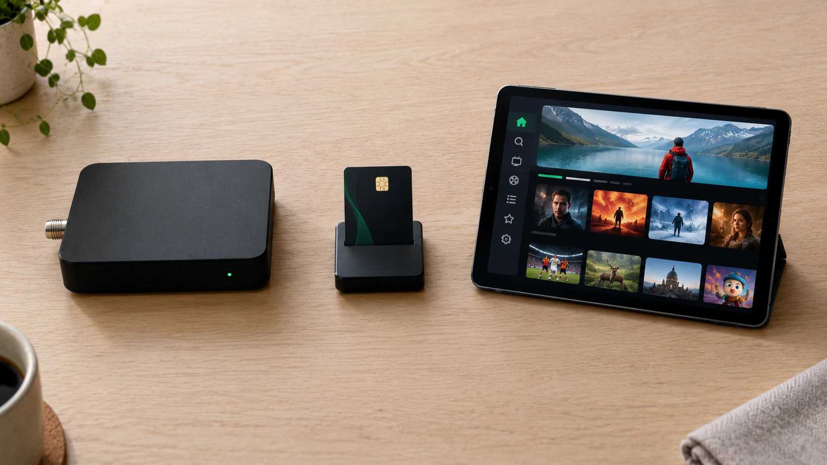 IPTV Telia — an operator box, a cable card and a television app view side by side